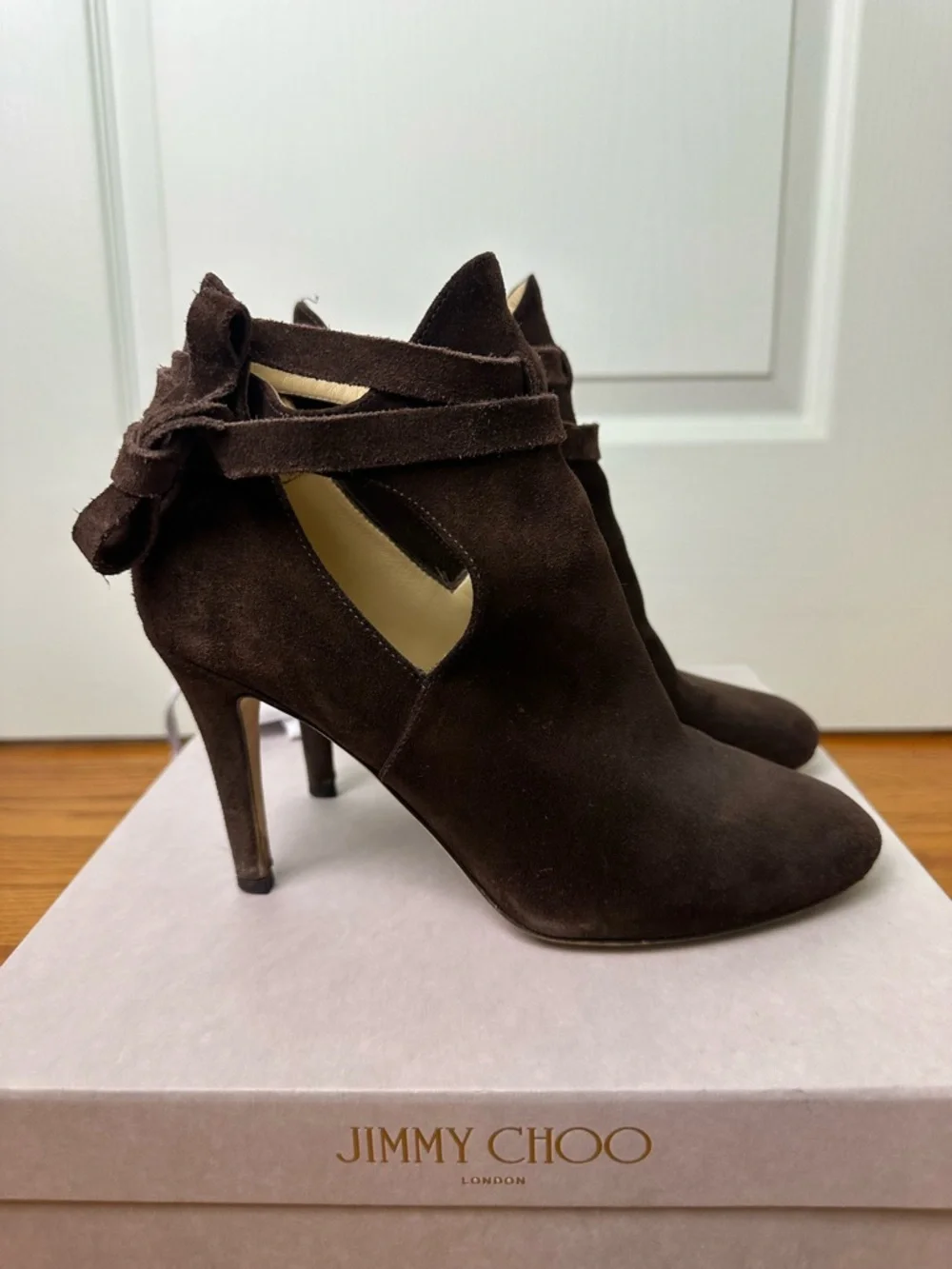 Jimmy Choo Dark Brown Marina Suede Heeled Booties 37.5 (with box & dustbag) - Picture 5 of 7